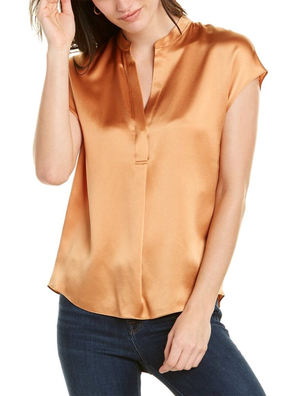 Vince Shirred Silk Blouse in Nectar Peach Orange size Small